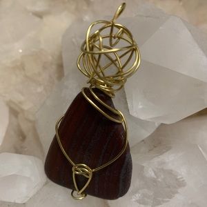 Teardrop brown/blue agate,gold wire wrapped pendant